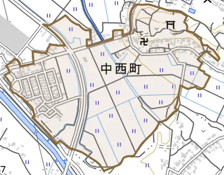 中西町とその周辺の地図。町の範囲を重ねている
