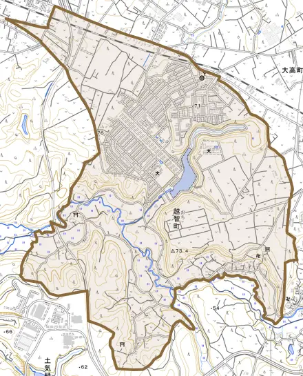 越智町とその周辺の地図。町の範囲を重ねている