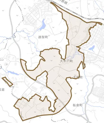 大木戸町とその周辺の地図。町の範囲を重ねている