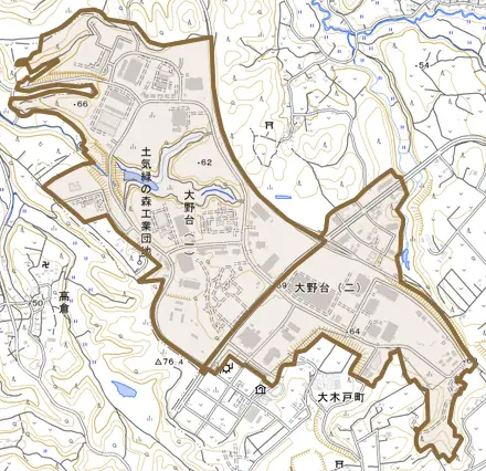 大野台とその周辺の地図。町の範囲を重ねている