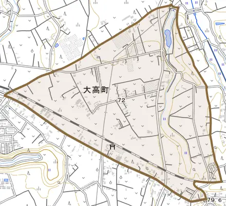 大高町とその周辺の地図。町の範囲を重ねている