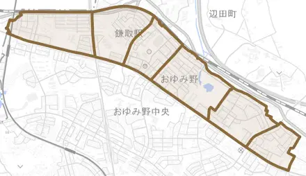 おゆみ野とその周辺の地図。町の範囲を重ねている