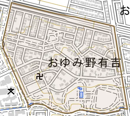 おゆみ野有吉とその周辺の地図。町の範囲を重ねている