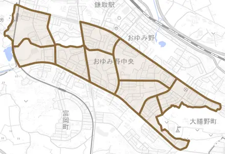おゆみ野中央とその周辺の地図。町の範囲を重ねている
