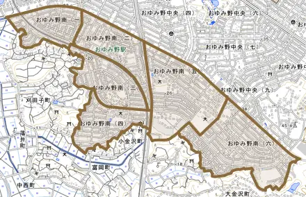 おゆみ野南とその周辺の地図。町の範囲を重ねている