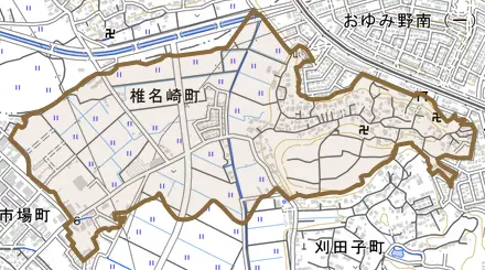 椎名崎町とその周辺の地図。町の範囲を重ねている