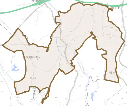 下大和田町とその周辺の地図。町の範囲を重ねている