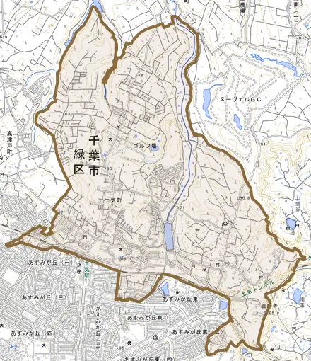土気町とその周辺の地図。町の範囲を重ねている