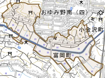 富岡町とその周辺の地図。町の範囲を重ねている