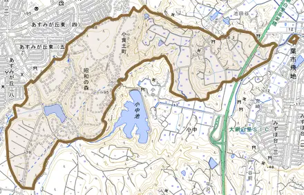 小食土町とその周辺の地図。町の範囲を重ねている