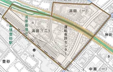浜田とその周辺の地図。町の範囲を重ねている