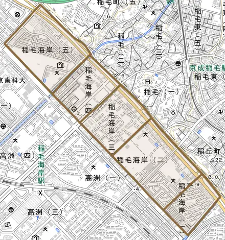 稲毛海岸とその周辺の地図。町の範囲を重ねている