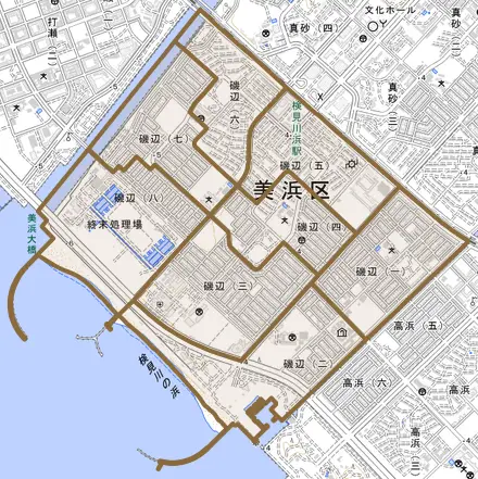 磯辺とその周辺の地図。町の範囲を重ねている