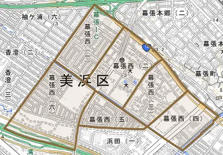 幕張西とその周辺の地図。町の範囲を重ねている