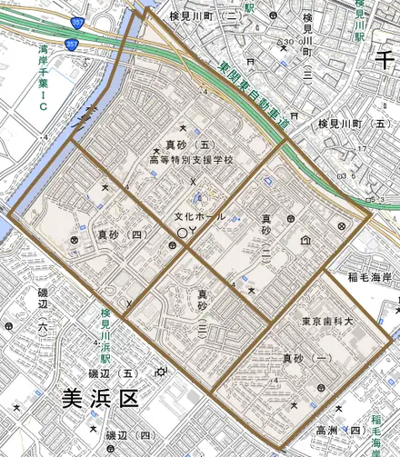 真砂とその周辺の地図。町の範囲を重ねている