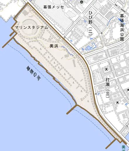 美浜とその周辺の地図。町の範囲を重ねている