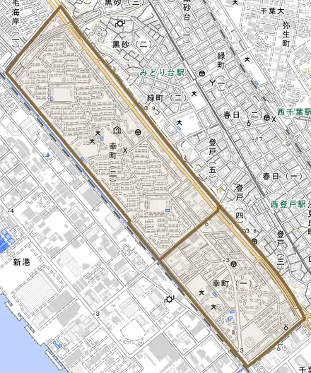 幸町とその周辺の地図。町の範囲を重ねている