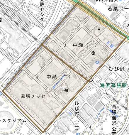 中瀬とその周辺の地図。町の範囲を重ねている