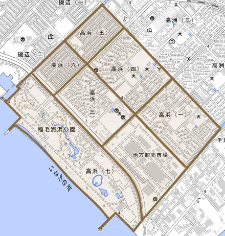 高浜とその周辺の地図。町の範囲を重ねている