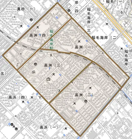 高洲とその周辺の地図。町の範囲を重ねている