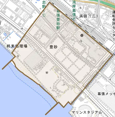 豊砂とその周辺の地図。町の範囲を重ねている