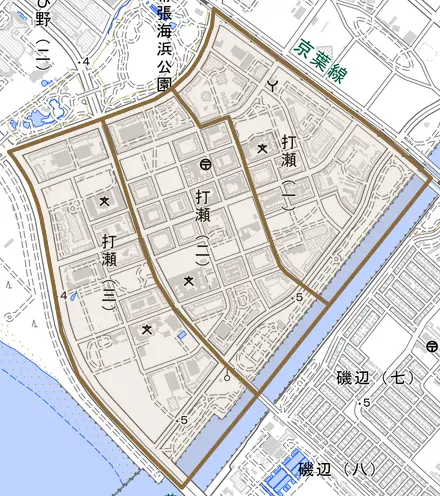 打瀬とその周辺の地図。町の範囲を重ねている