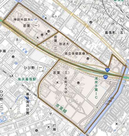 若葉とその周辺の地図。町の範囲を重ねている