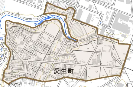 愛生町とその周辺の地図。町の範囲を重ねている