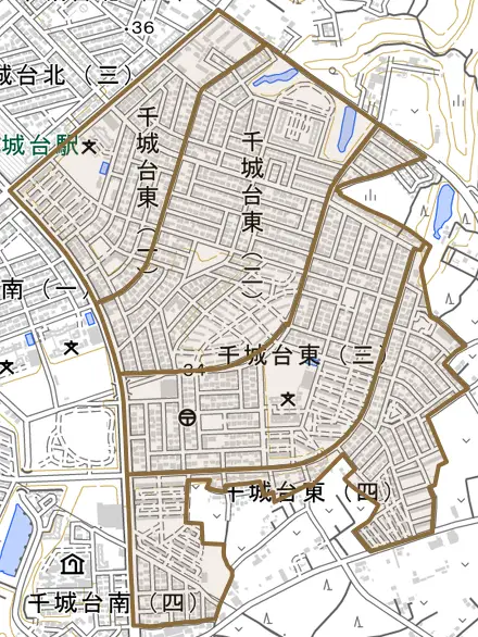 千城台東とその周辺の地図。町の範囲を重ねている