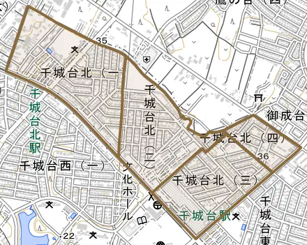 千城台北とその周辺の地図。町の範囲を重ねている