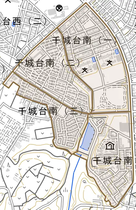 千城台南とその周辺の地図。町の範囲を重ねている