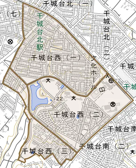 千城台西とその周辺の地図。町の範囲を重ねている