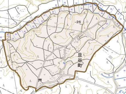 旦谷町とその周辺の地図。町の範囲を重ねている