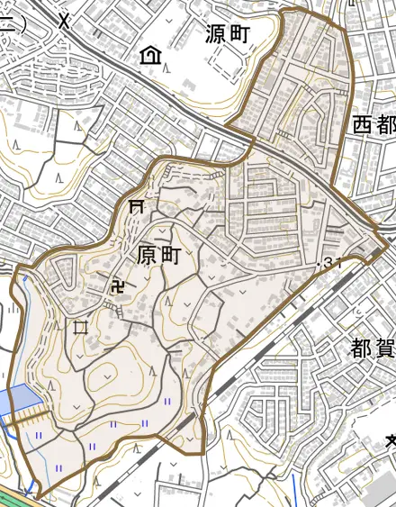 原町とその周辺の地図。町の範囲を重ねている