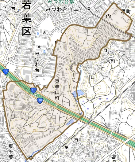 東寺山町とその周辺の地図。町の範囲を重ねている