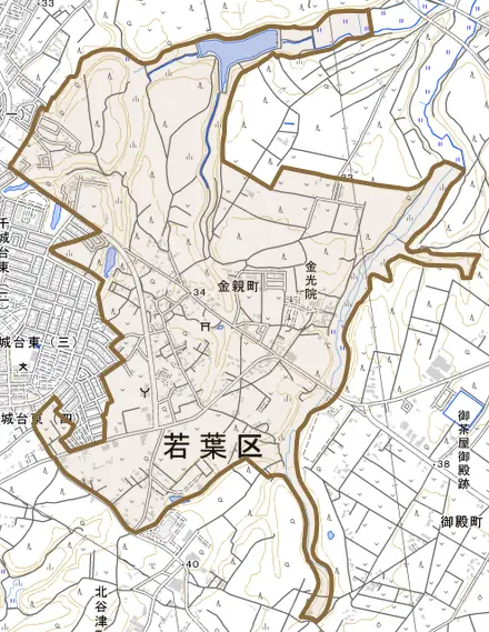 金親町とその周辺の地図。町の範囲を重ねている