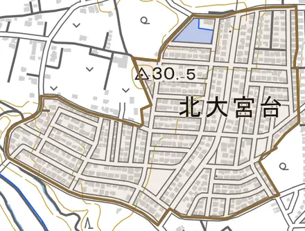 北大宮台とその周辺の地図。町の範囲を重ねている
