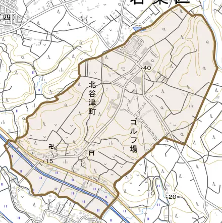 北谷津町とその周辺の地図。町の範囲を重ねている
