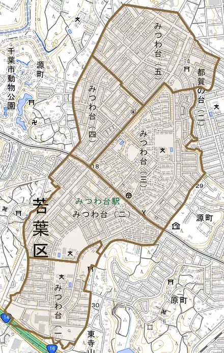 みつわ台とその周辺の地図。町の範囲を重ねている