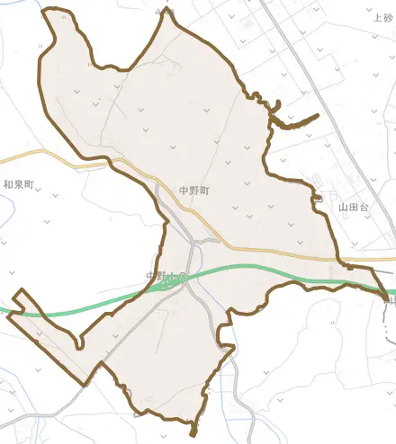 中野町とその周辺の地図。町の範囲を重ねている