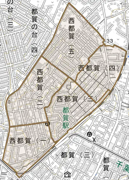 西都賀とその周辺の地図。町の範囲を重ねている