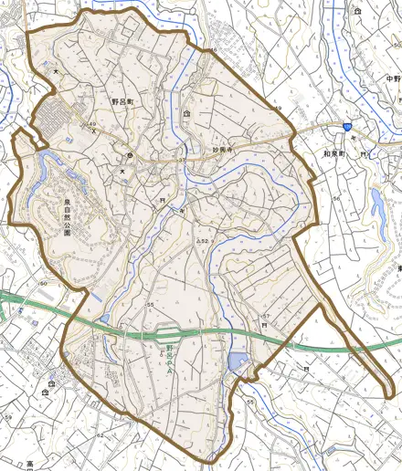 野呂町とその周辺の地図。町の範囲を重ねている