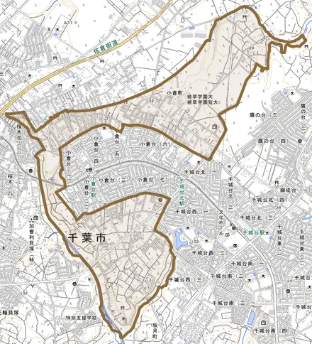 小倉町とその周辺の地図。町の範囲を重ねている