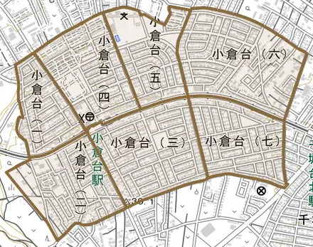 小倉台とその周辺の地図。町の範囲を重ねている