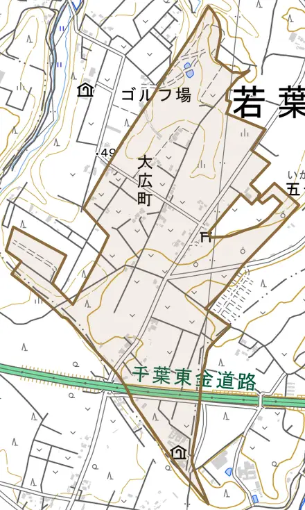 大広町とその周辺の地図。町の範囲を重ねている