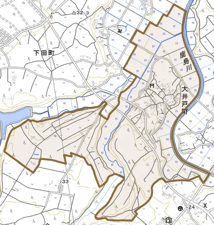 大井戸町とその周辺の地図。町の範囲を重ねている