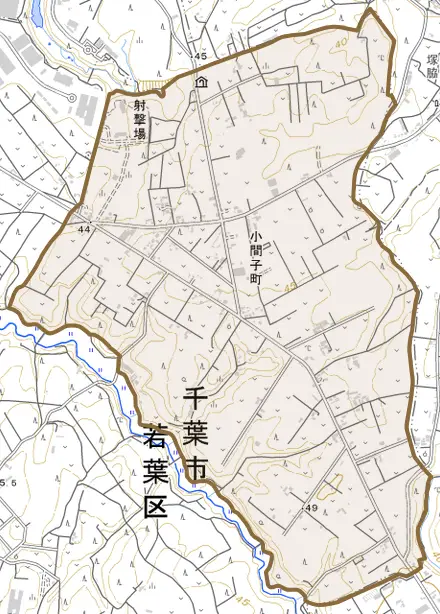 小間子町とその周辺の地図。町の範囲を重ねている
