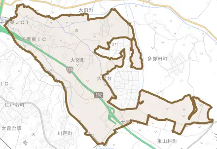 大宮町とその周辺の地図。町の範囲を重ねている