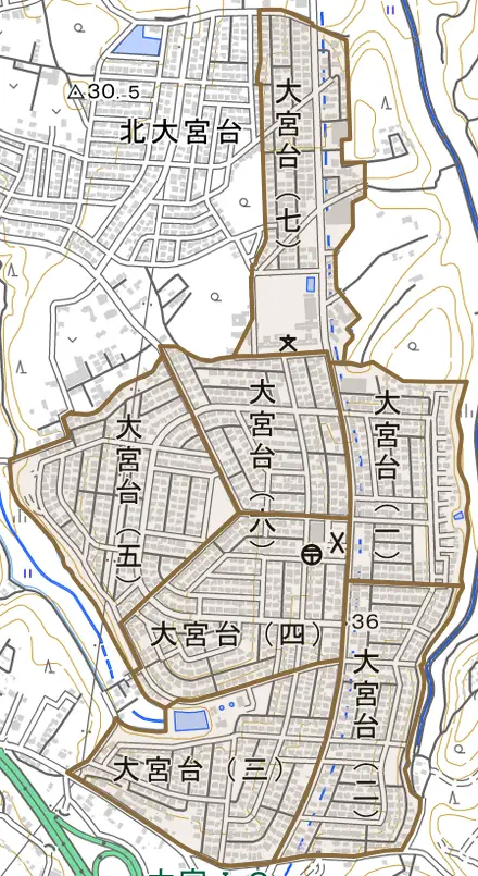 大宮台とその周辺の地図。町の範囲を重ねている