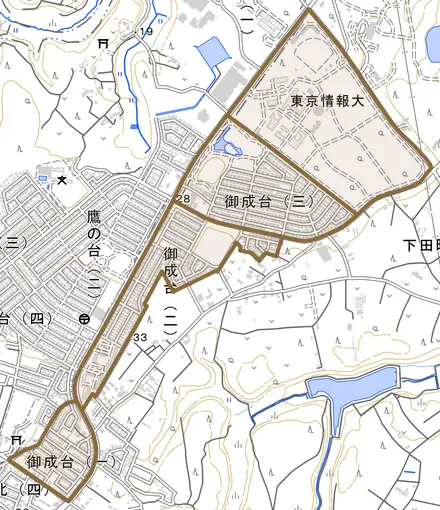 御成台とその周辺の地図。町の範囲を重ねている